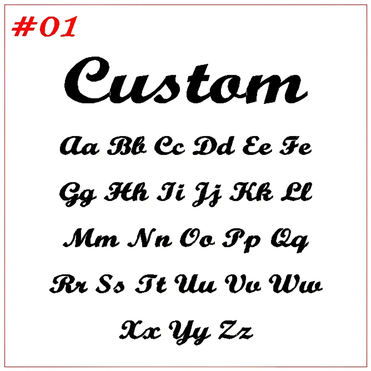 Custom personalized name keychain stainless steel jewelry with black cursive font sample sheet labeled 01 in red text