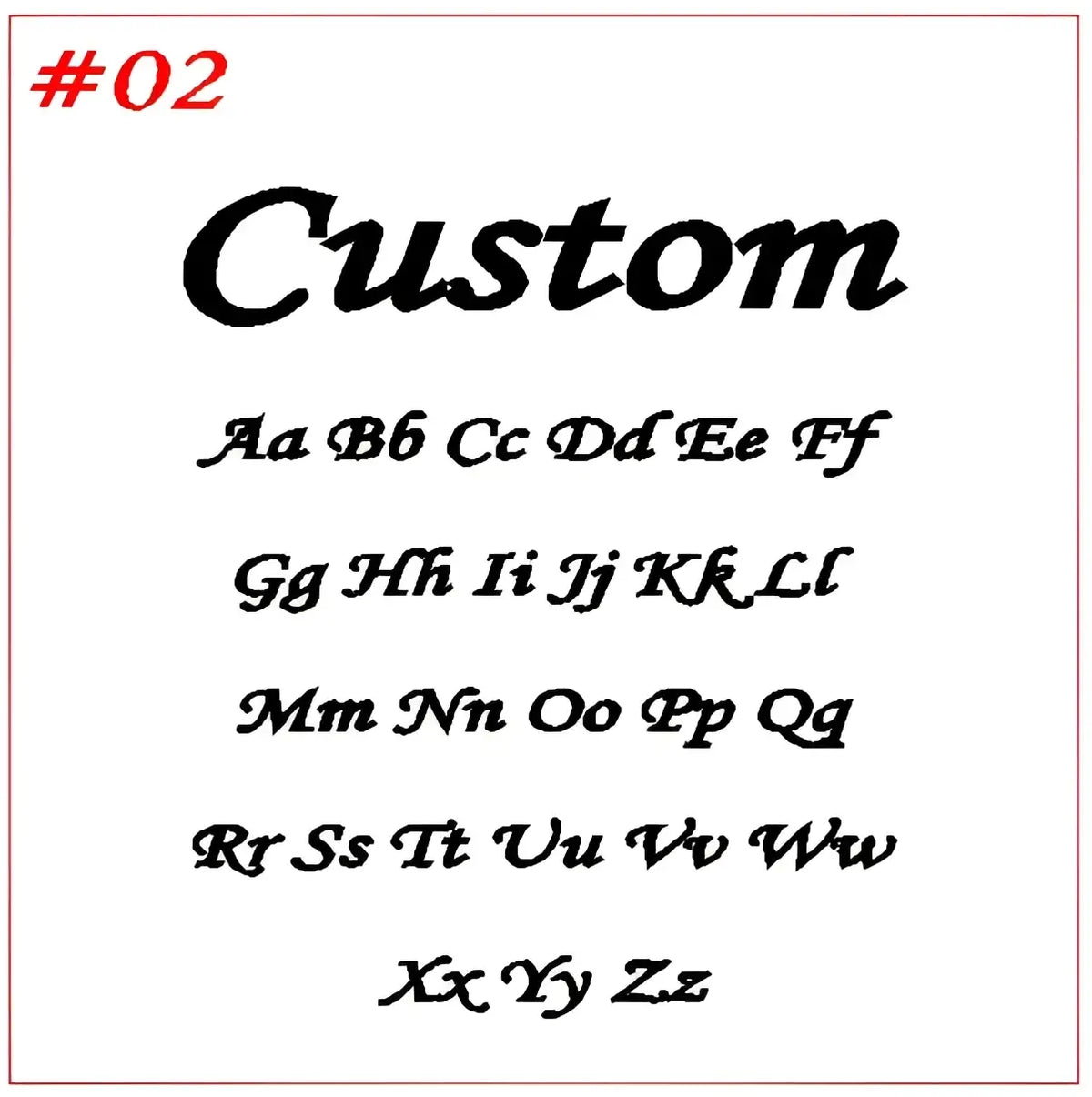 Custom personalized name keychain stainless steel jewelry featuring a sample sheet of black cursive font styles