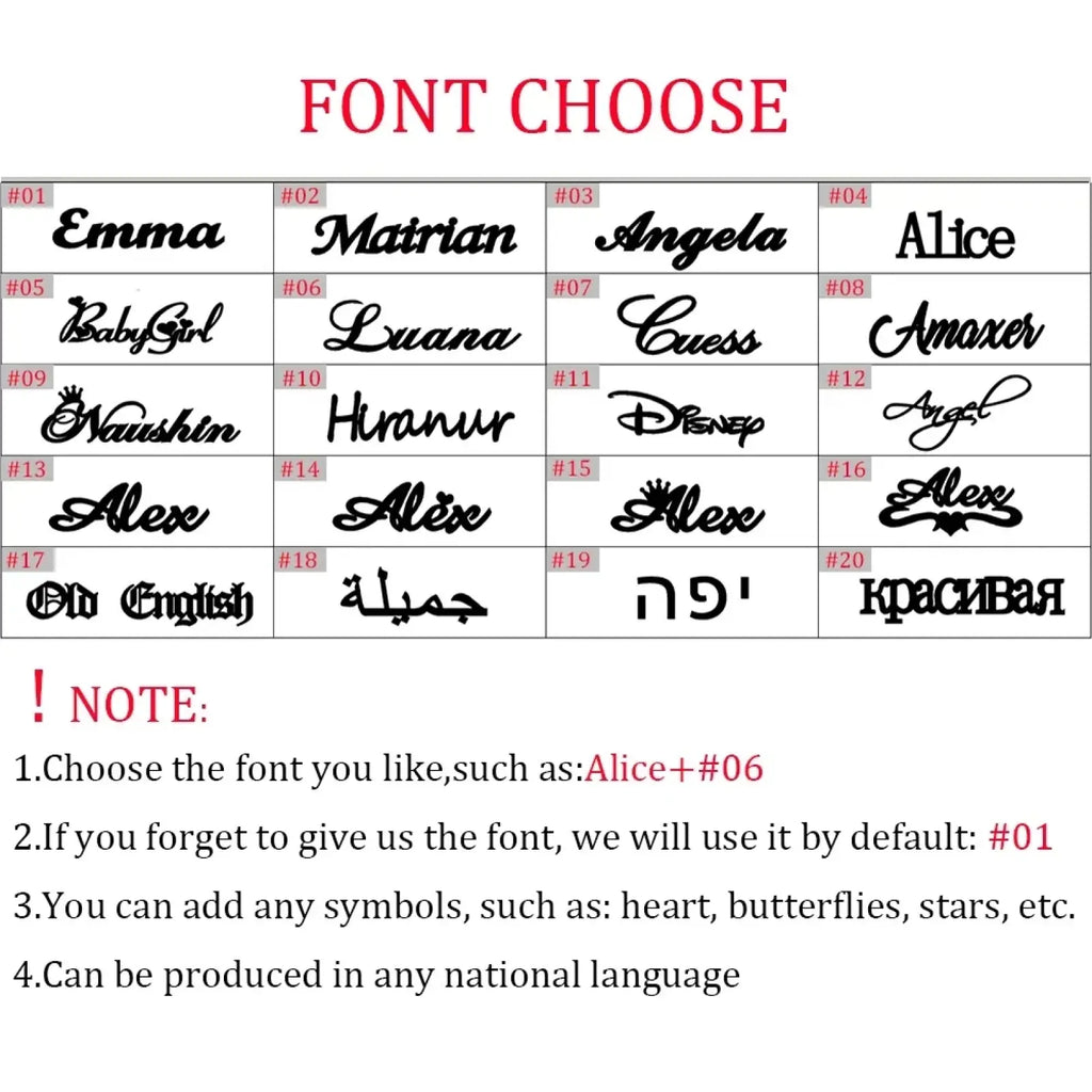 A selection of black cursive fonts like alice disney and old english for customizing stainless steel name keychains