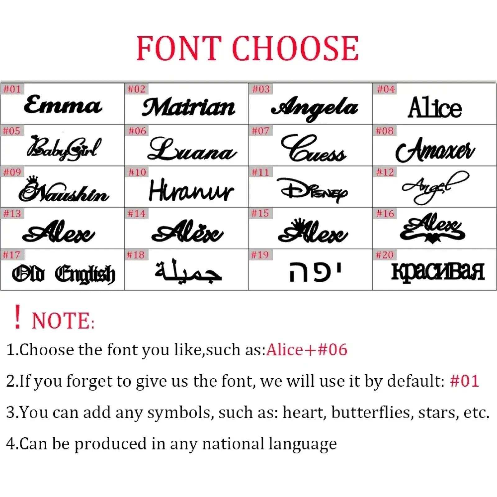 A selection of black cursive fonts like alice disney and old english for customizing stainless steel name keychains