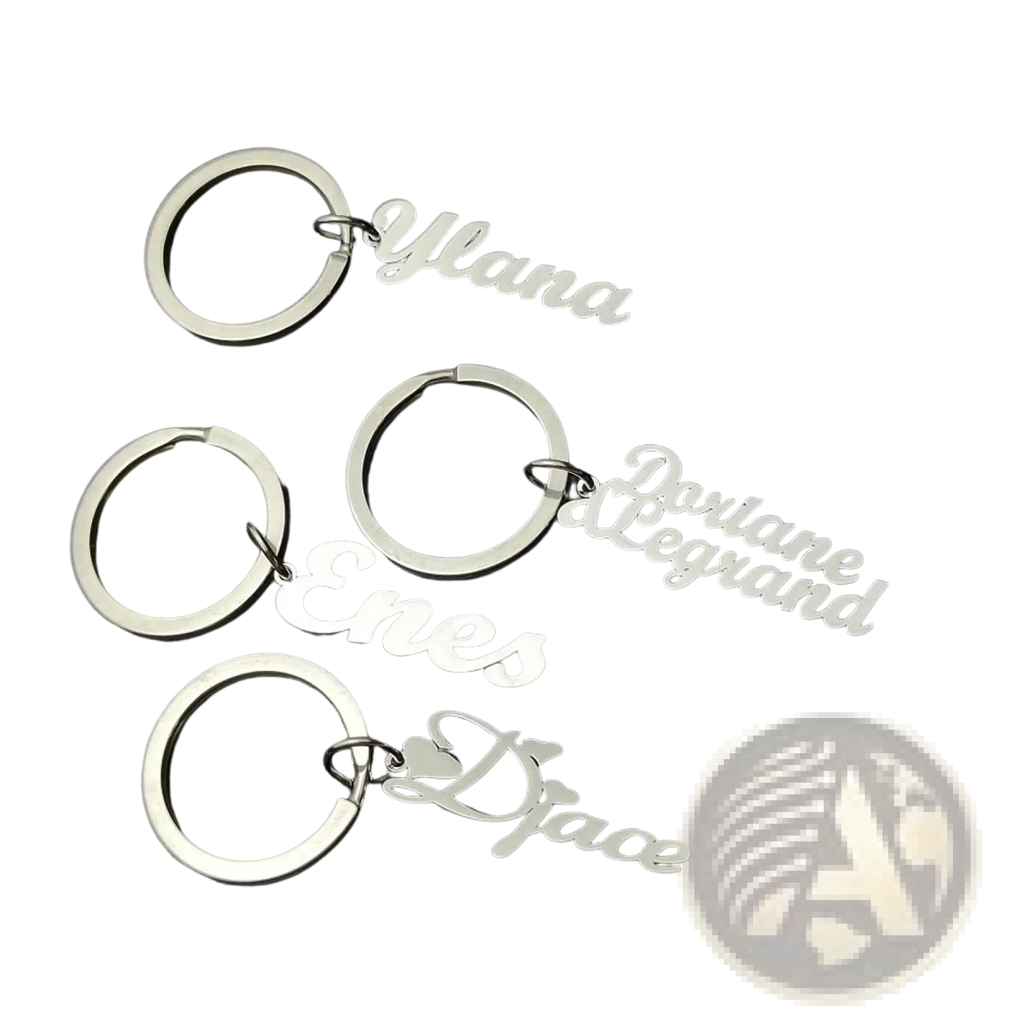 Silver custom personalized name keychains made of stainless steel jewelry with elegant cursive lettering and heart accents