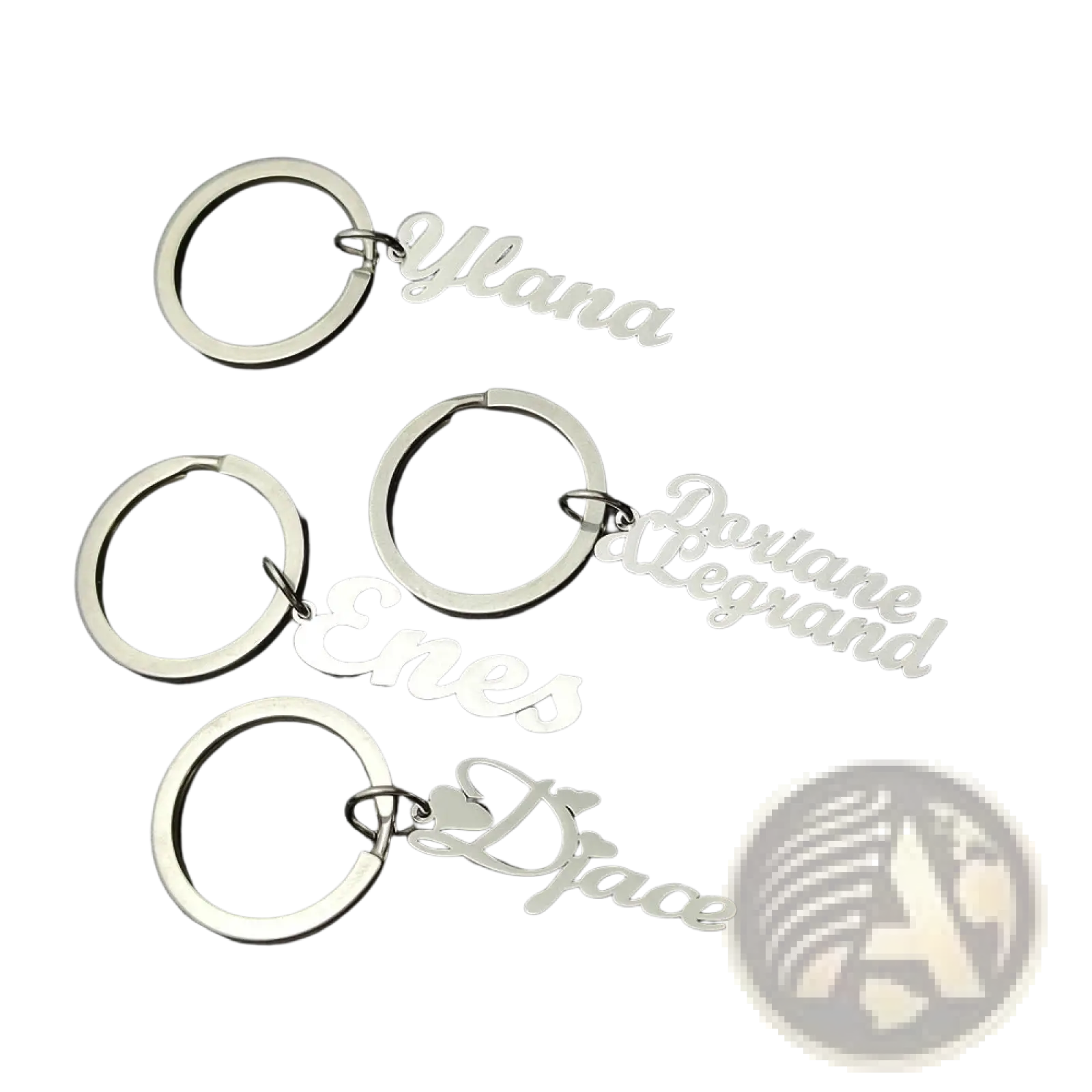 Silver custom personalized name keychains made of stainless steel jewelry with elegant cursive lettering and heart accents