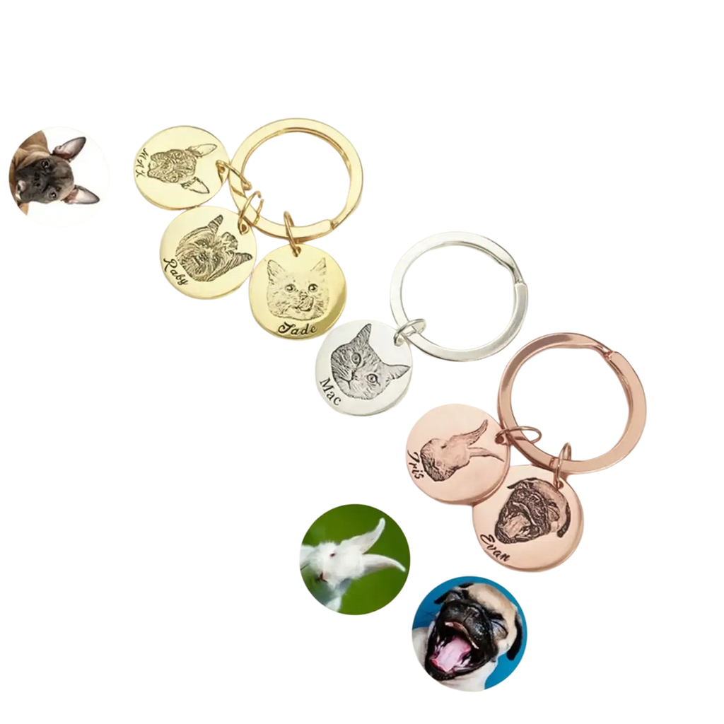 Custom personalized pet portrait keychains in gold silver and rose gold finishes with engraved animal faces