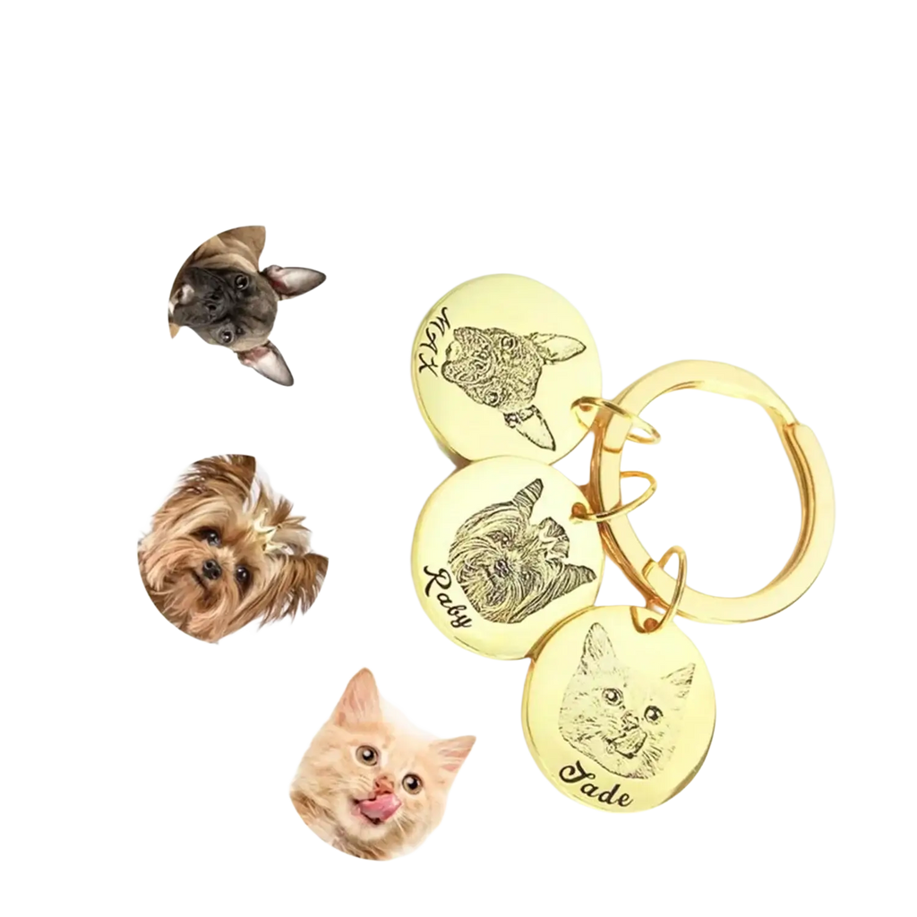 Gold-colored custom personalized pet portrait keychain with three circular engraved portraits and pet names
