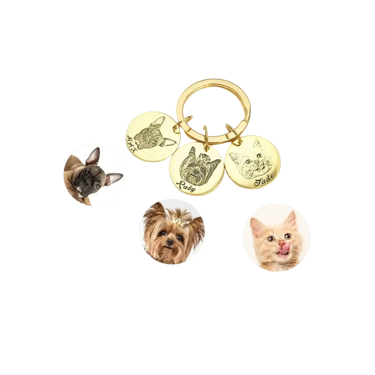 Gold-colored custom personalized pet portrait keychain with three engraved circular dog and cat charms inscribed with names