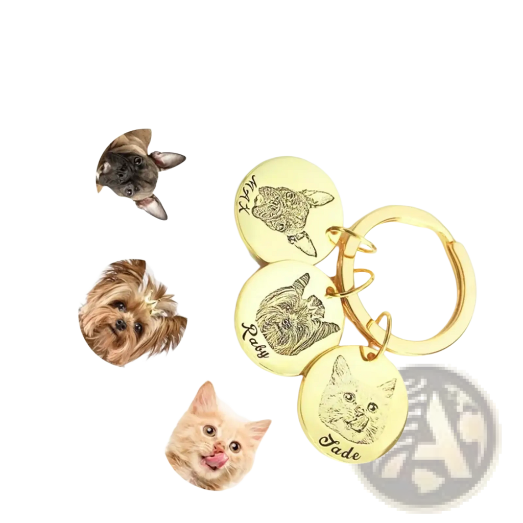 Gold-colored custom personalized pet portrait keychain with three circular engraved portraits and pet names