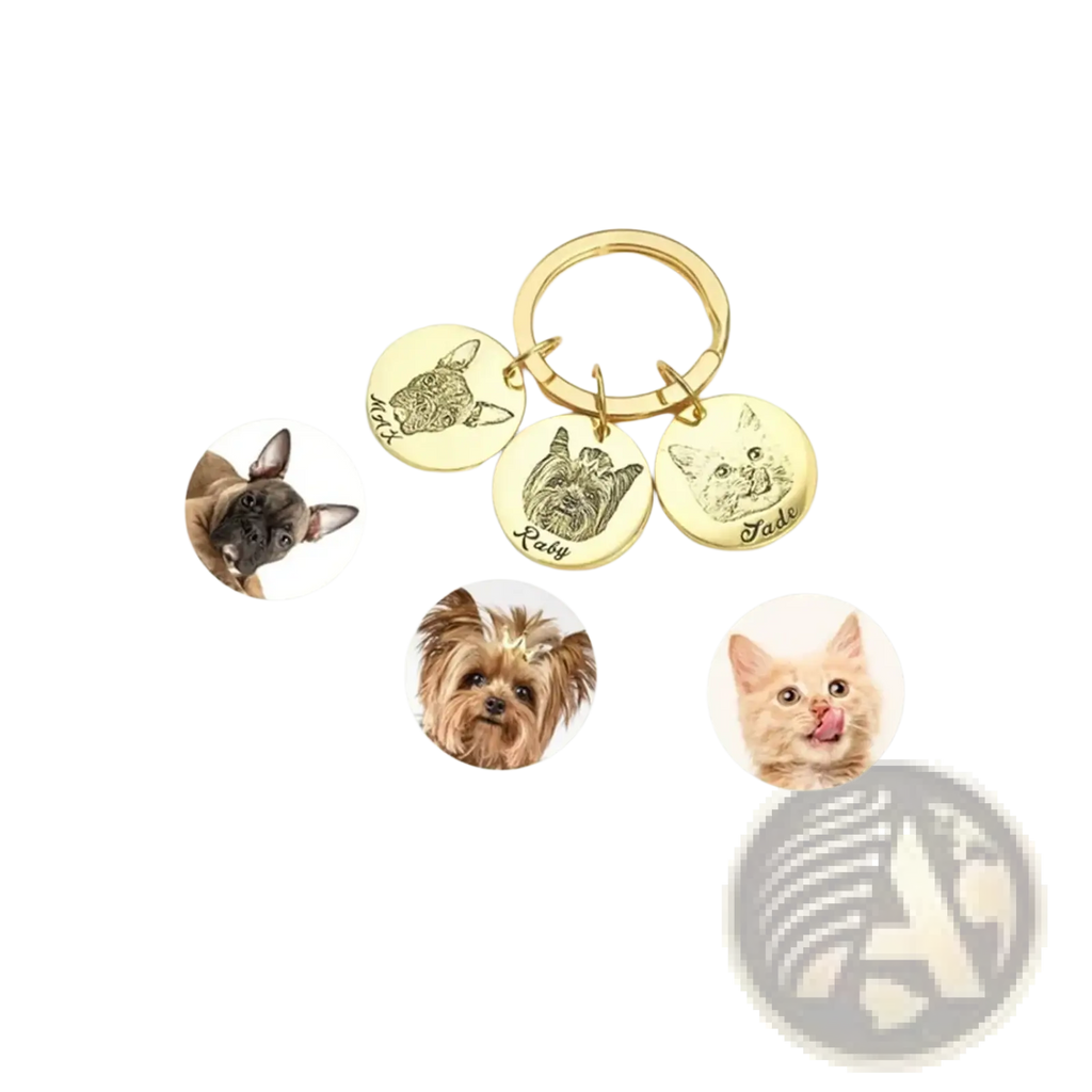 Gold-colored custom personalized pet portrait keychain with three engraved circular dog and cat charms inscribed with names