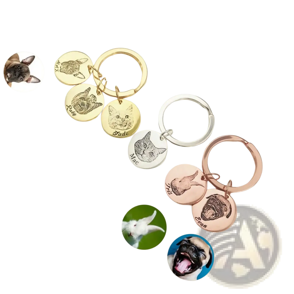 Custom personalized pet portrait keychains in gold silver and rose gold finishes with engraved animal faces