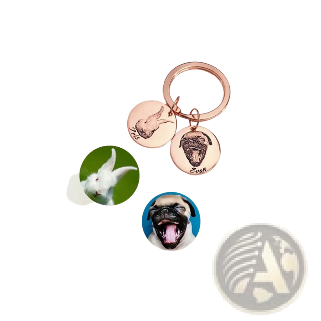Rose gold custom personalized pet portrait keychain with two engraved circular charms featuring pet images