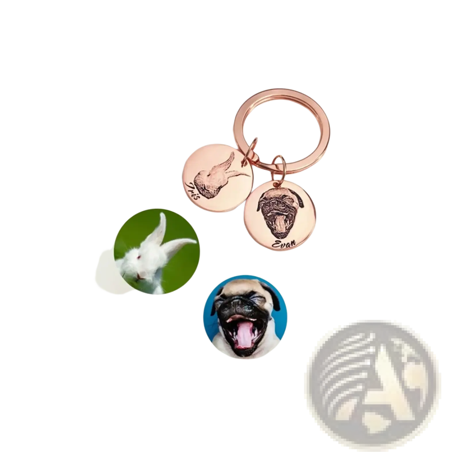 Rose gold custom personalized pet portrait keychain with two engraved circular charms featuring pet images