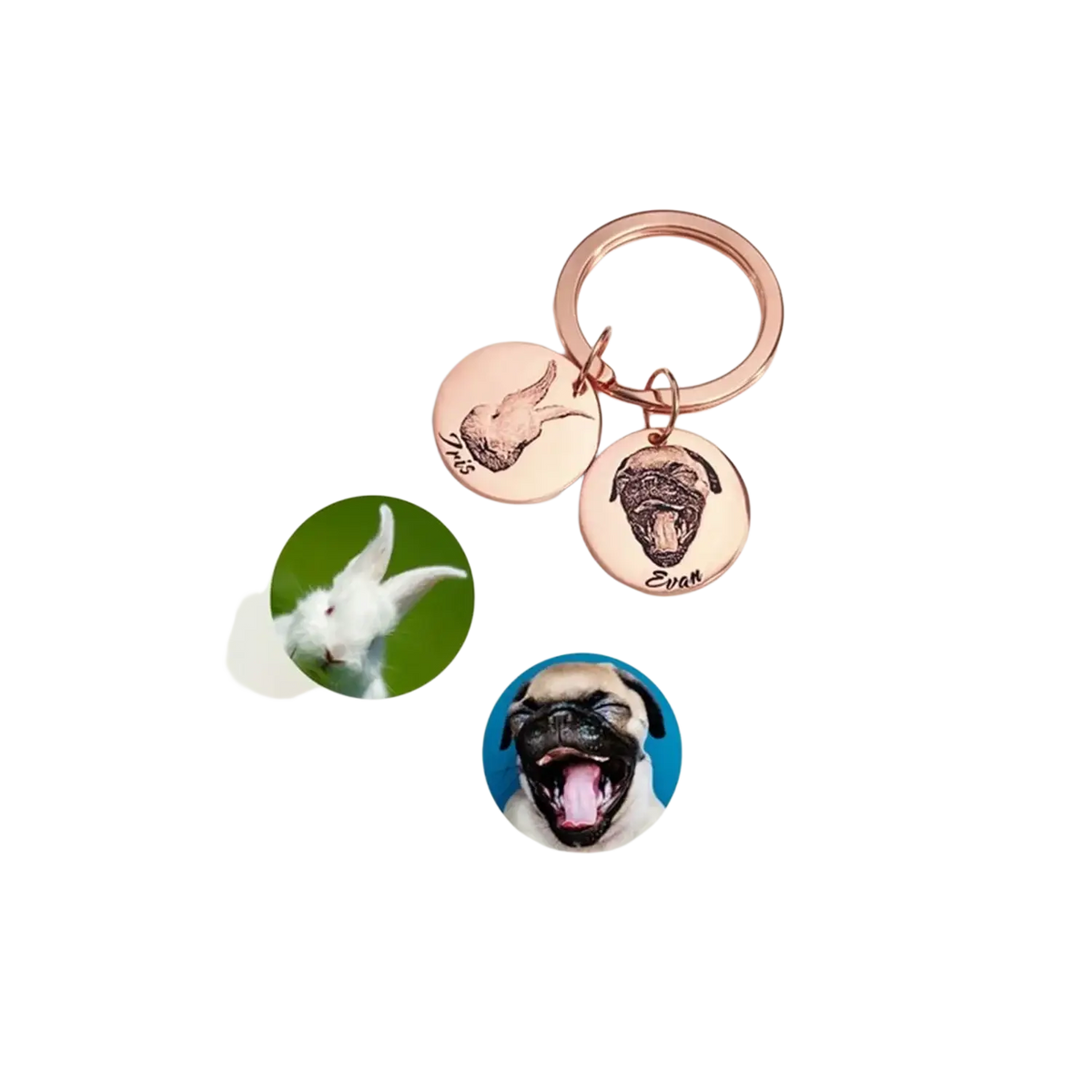 Rose gold custom personalized pet portrait keychain with two engraved circular charms featuring pet images