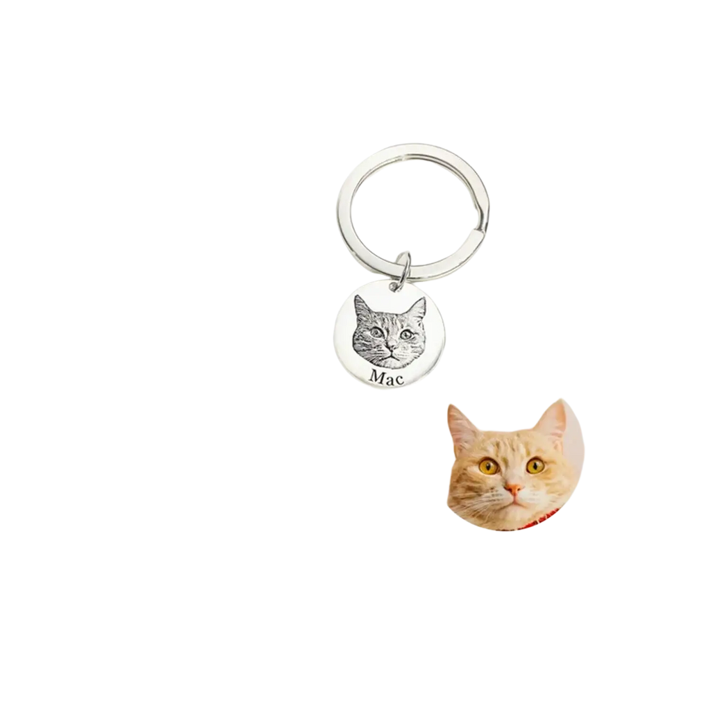 Silver personalized pet portrait keychain with circular pendant engraved with a cat named Mac for custom gifting