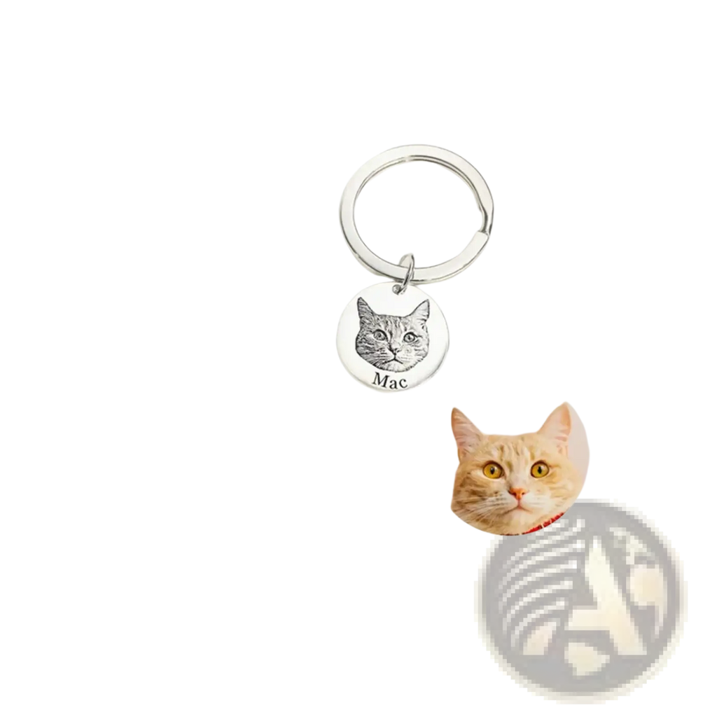 Silver personalized pet portrait keychain with circular pendant engraved with a cat named Mac for custom gifting