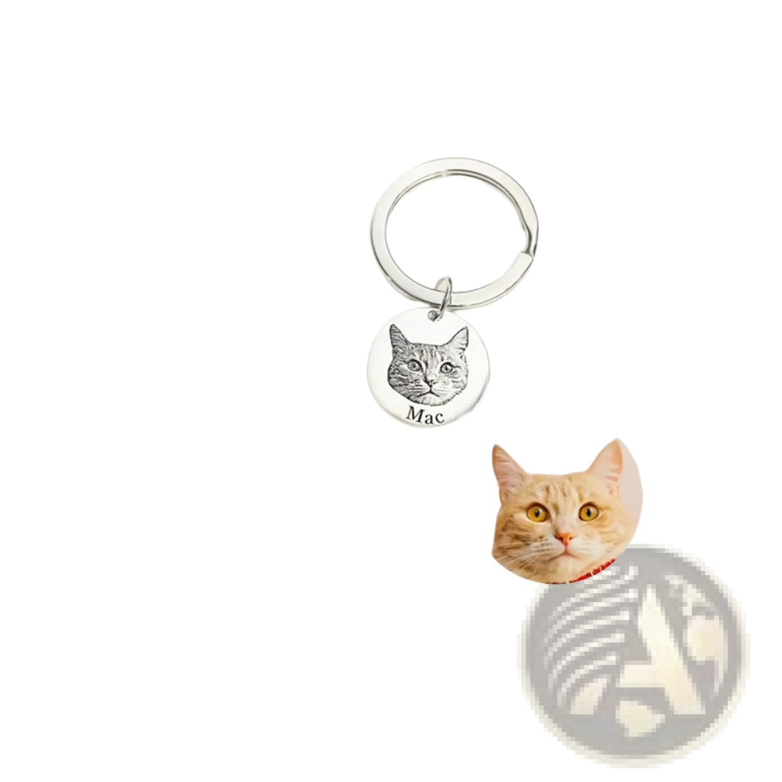 Silver personalized pet portrait keychain with circular pendant engraved with a cat named Mac for custom gifting