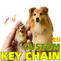 A translucent custom pet photo acrylic keychain with a detailed 3d portrait of a tan and white shetland sheepdog