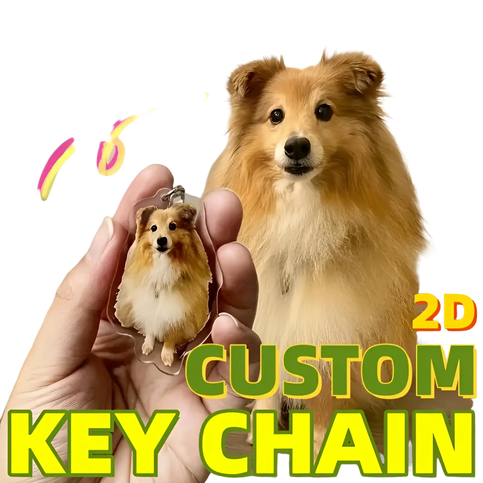 A translucent custom pet photo acrylic keychain with a detailed 3d portrait of a tan and white shetland sheepdog