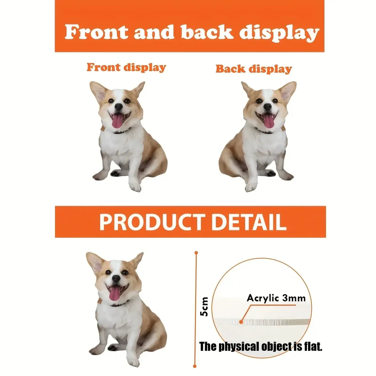 Acrylic corgi dog figurine 3mm thick flat custom pet photo keychain memorial gift in orange and white colors