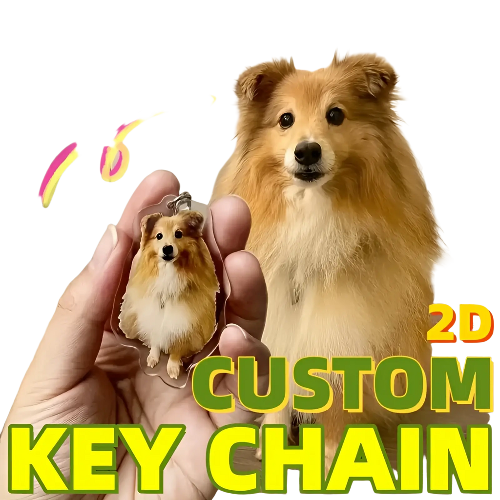 A translucent custom pet photo acrylic keychain with a detailed 3d portrait of a tan and white shetland sheepdog