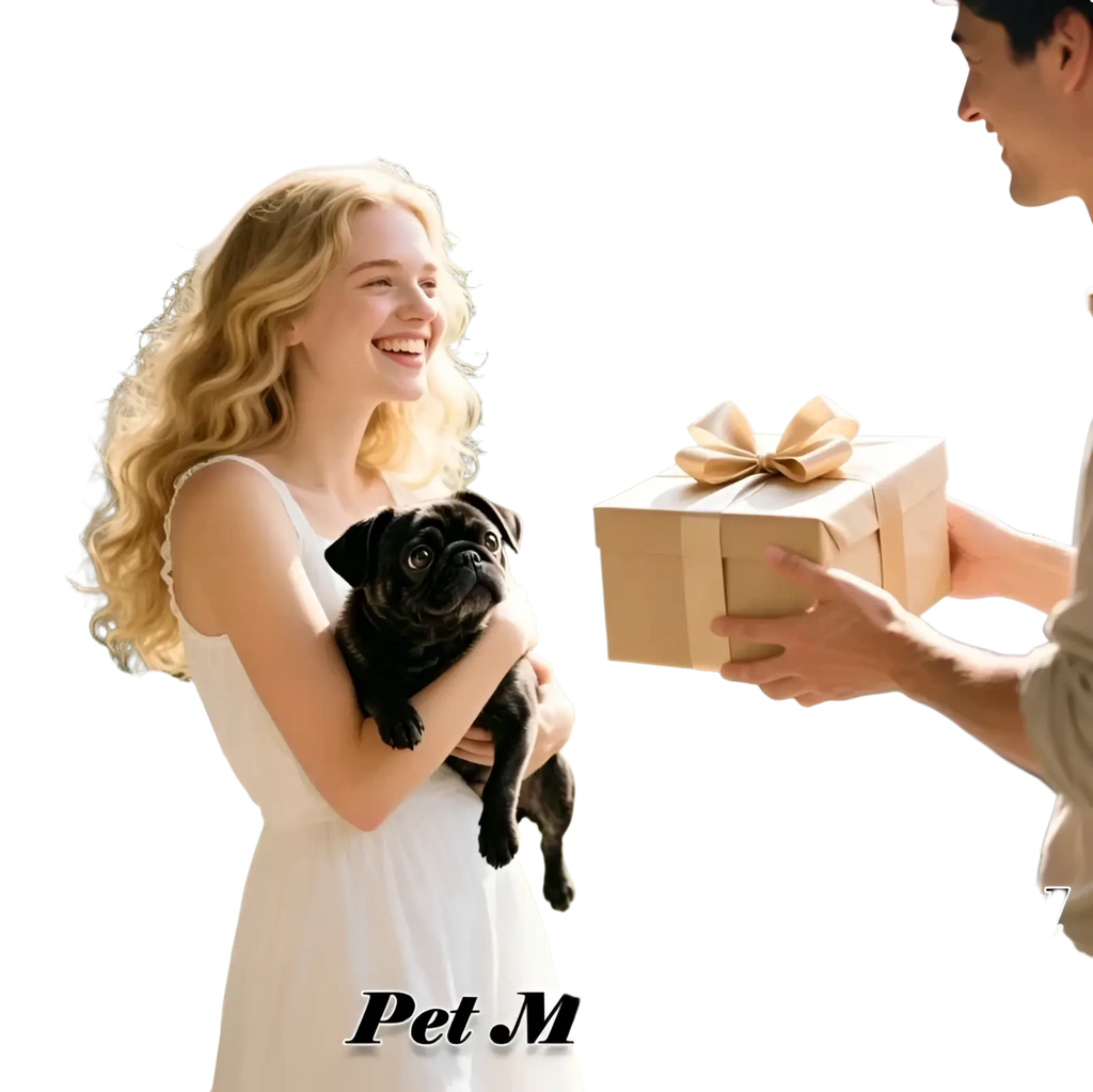 A beige gift box with a gold ribbon bow for a custom pet photo stainless steel heart keychain packaging