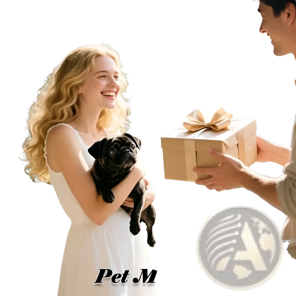 A beige gift box with a gold ribbon bow for a custom pet photo stainless steel heart keychain packaging