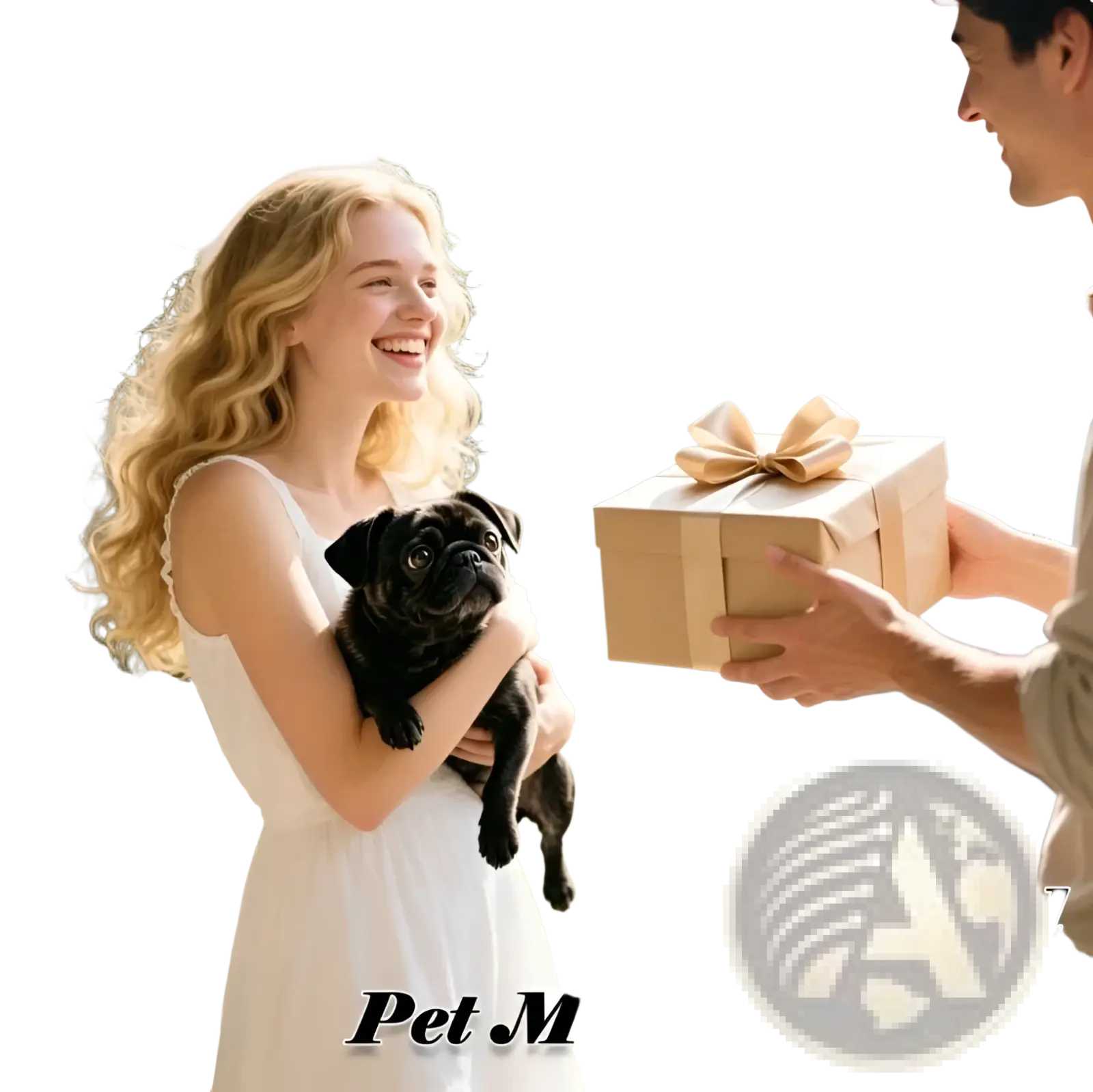 A beige gift box with a gold ribbon bow for a custom pet photo stainless steel heart keychain packaging