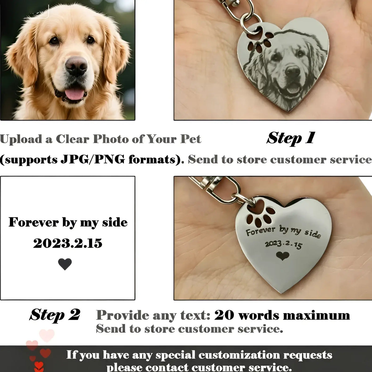 Custom pet photo stainless steel heart keychain in silver with a golden retriever engraving and forever by my side inscription