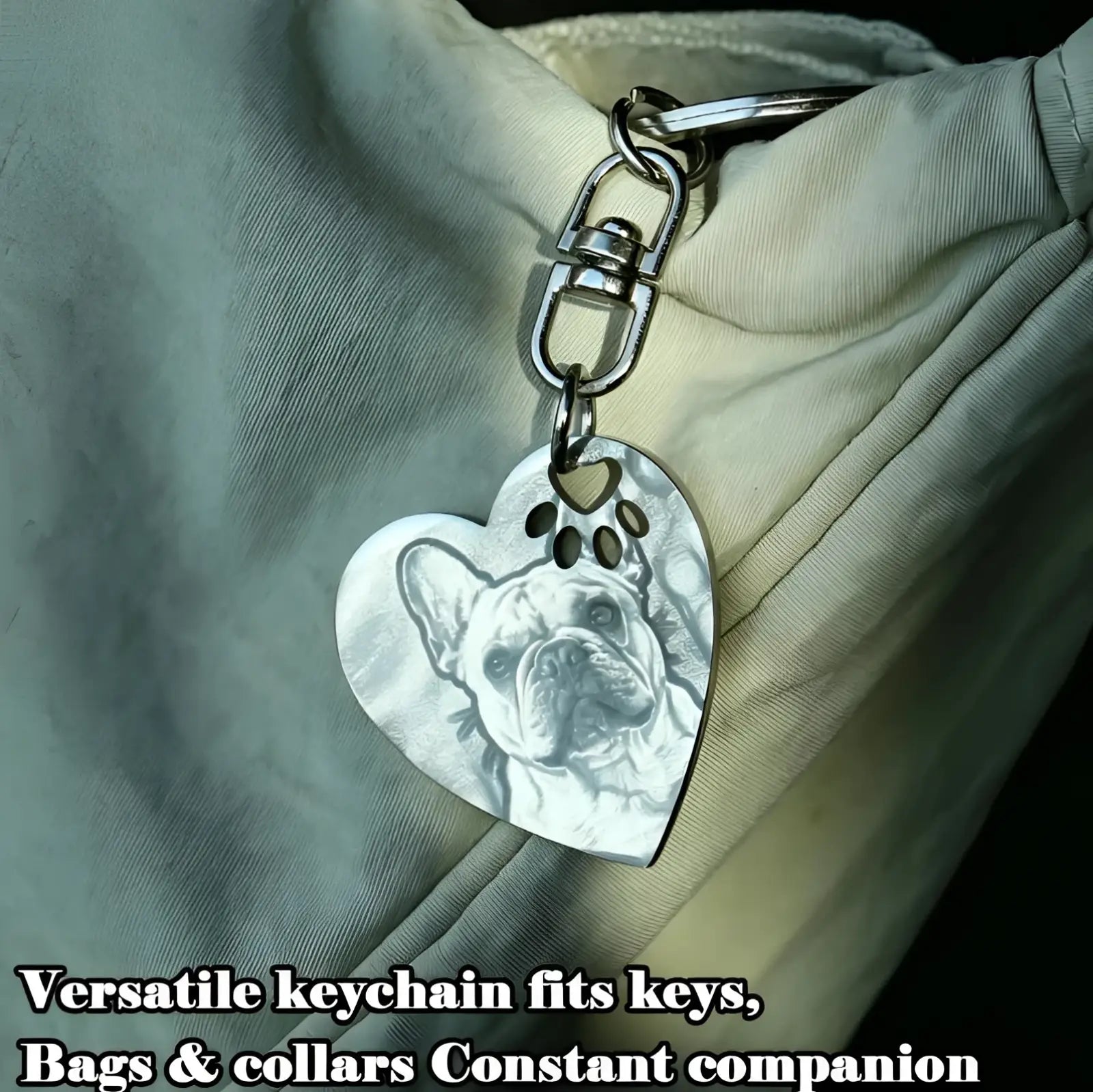 Silver stainless steel heart keychain featuring an engraved french bulldog portrait with paw print cutouts