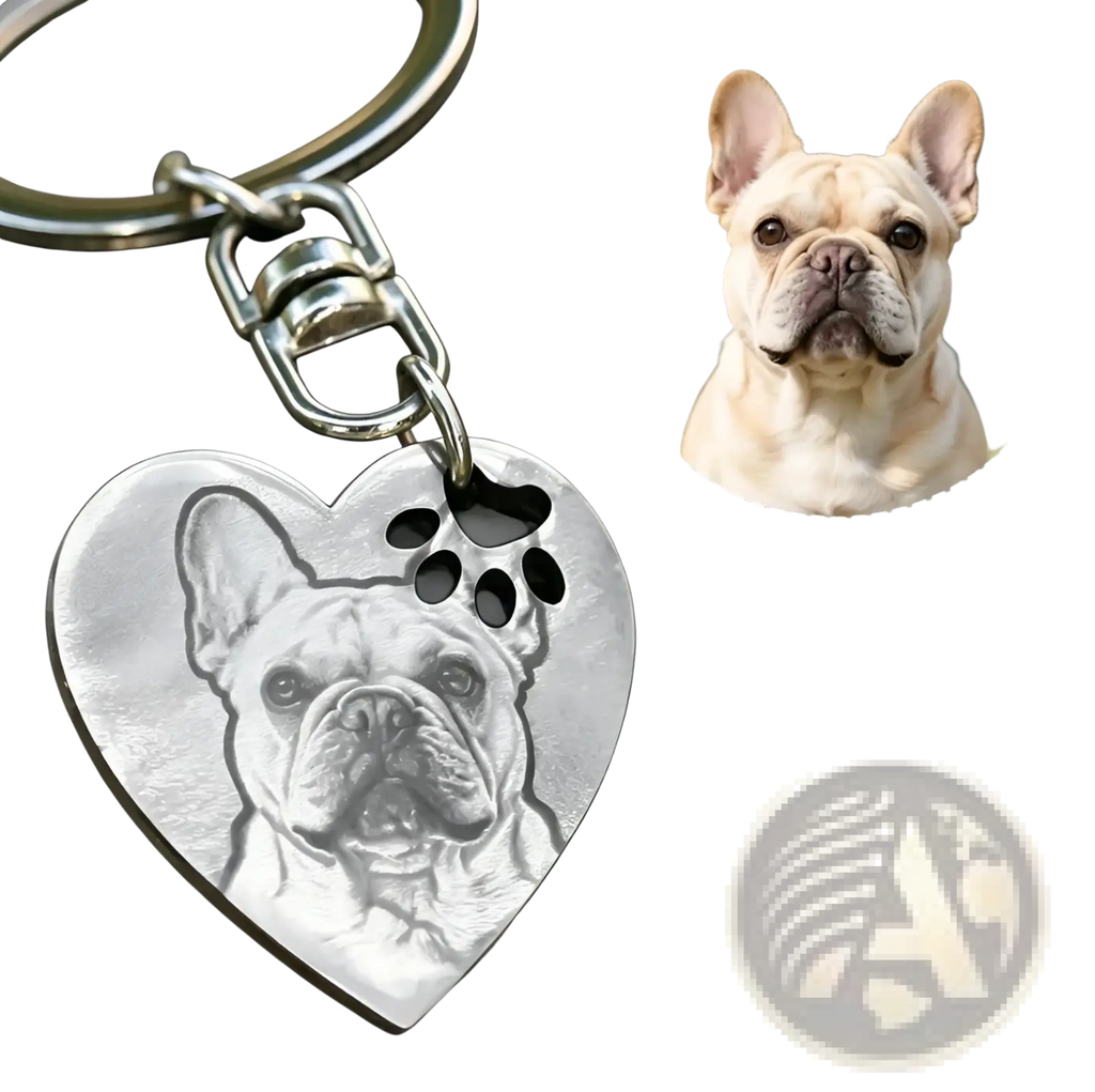 Silver stainless steel heart keychain with custom photo engraved french bulldog and paw print cutout