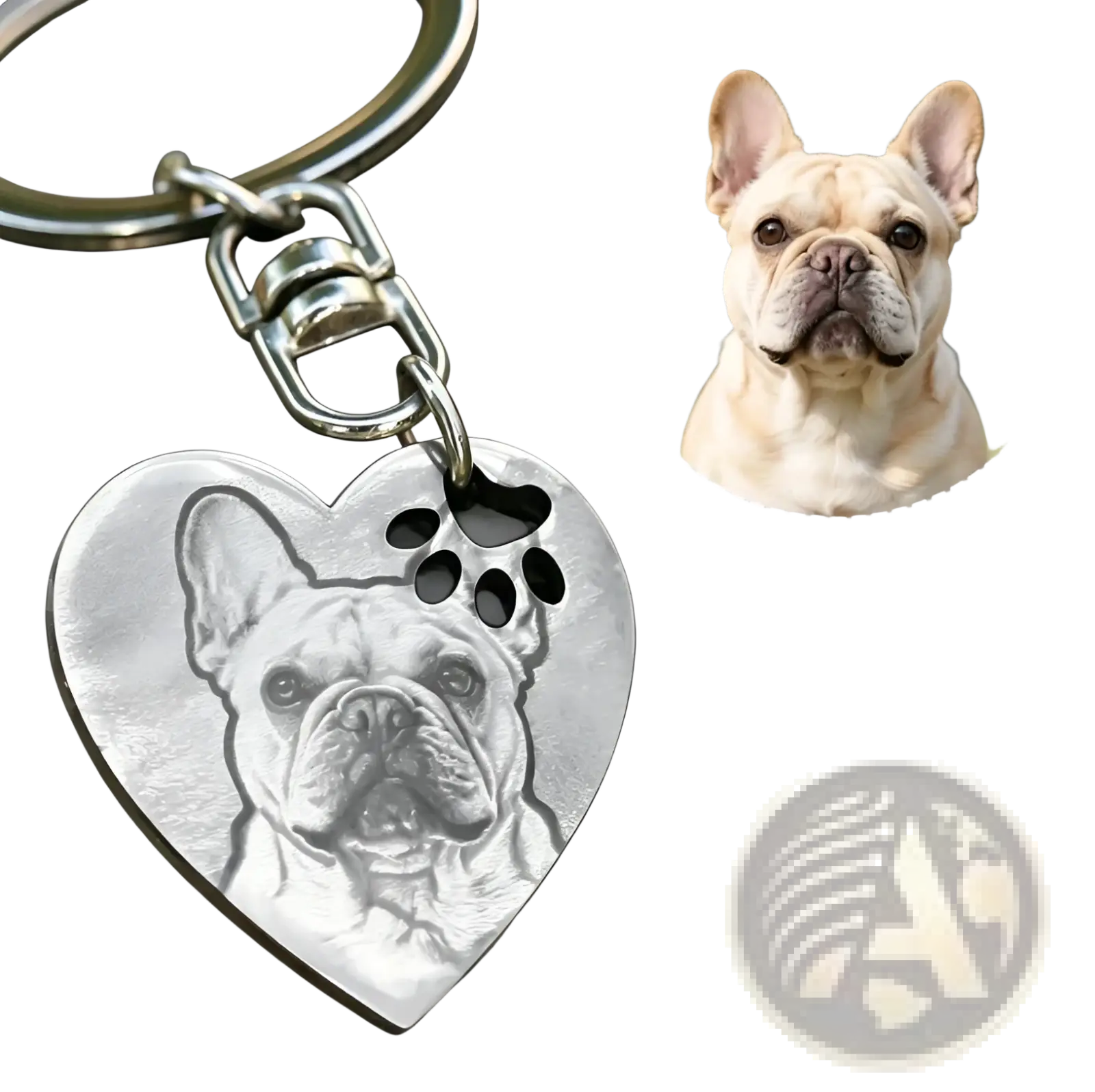 Silver stainless steel heart keychain with custom photo engraved french bulldog and paw print cutout