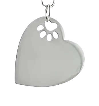 Silver stainless steel heart keychain pendant with a paw print cutout for custom pet photo personalization
