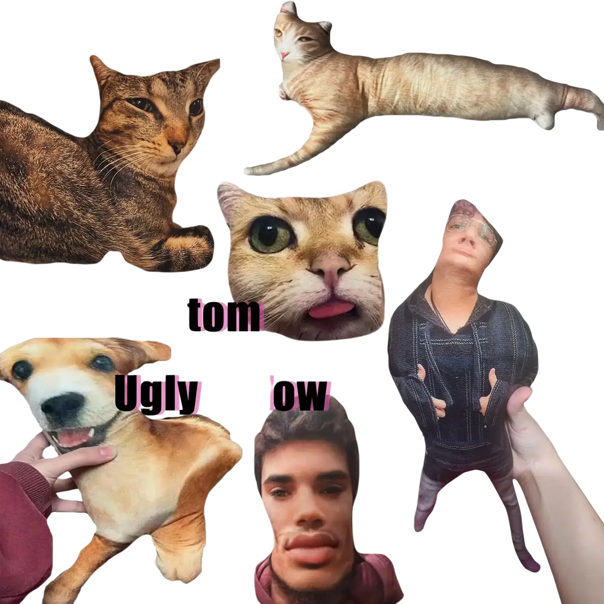 Custom pet pillow plush soft fabric featuring printed cats and dogs in various poses for personalized home decor