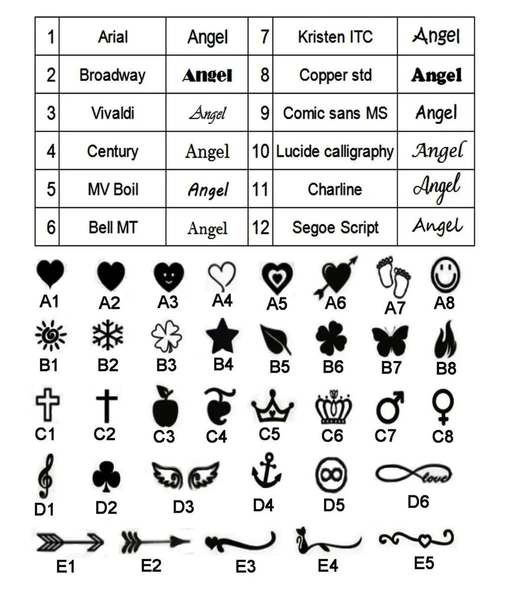 Custom phone number keychain laser engraved metal key ring showing a grid of font and symbol options for personalization