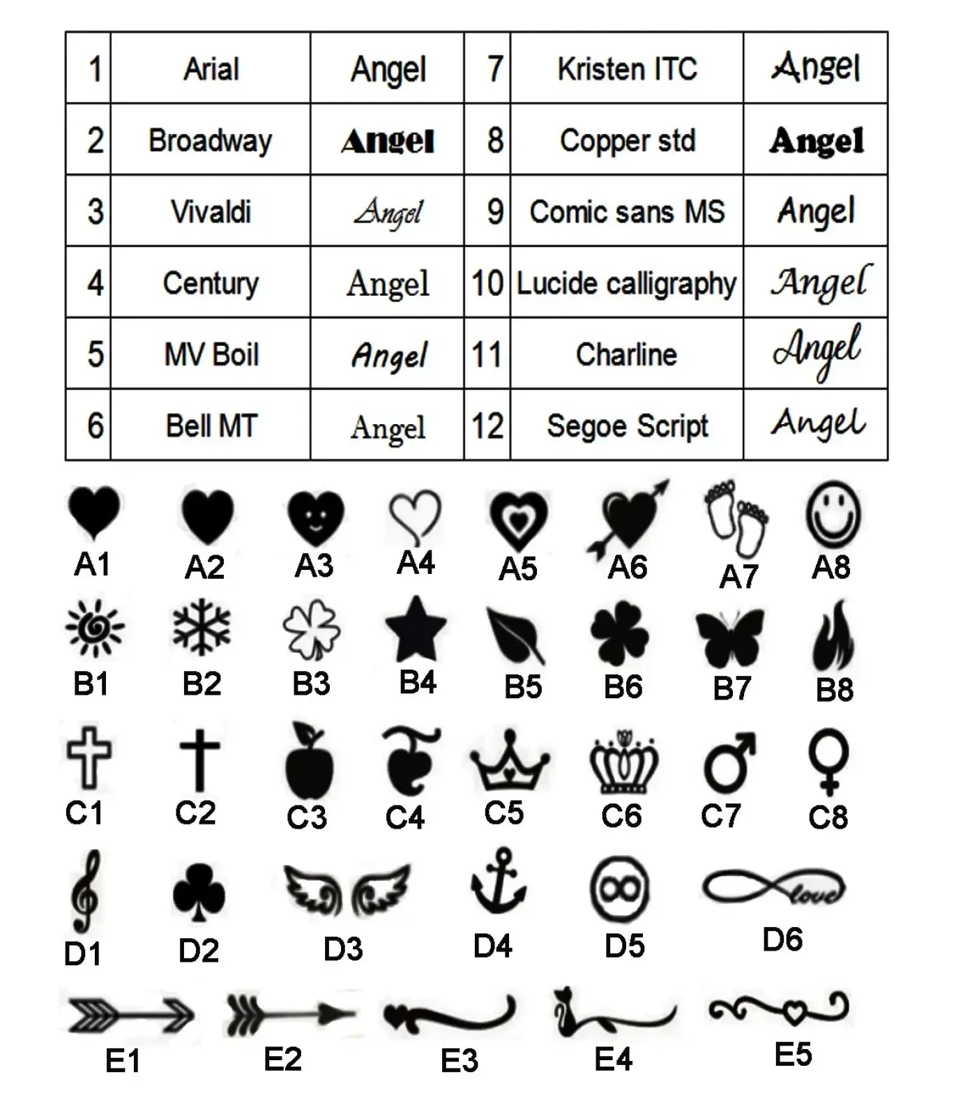 Custom phone number keychain laser engraved metal key ring showing a grid of font and symbol options for personalization