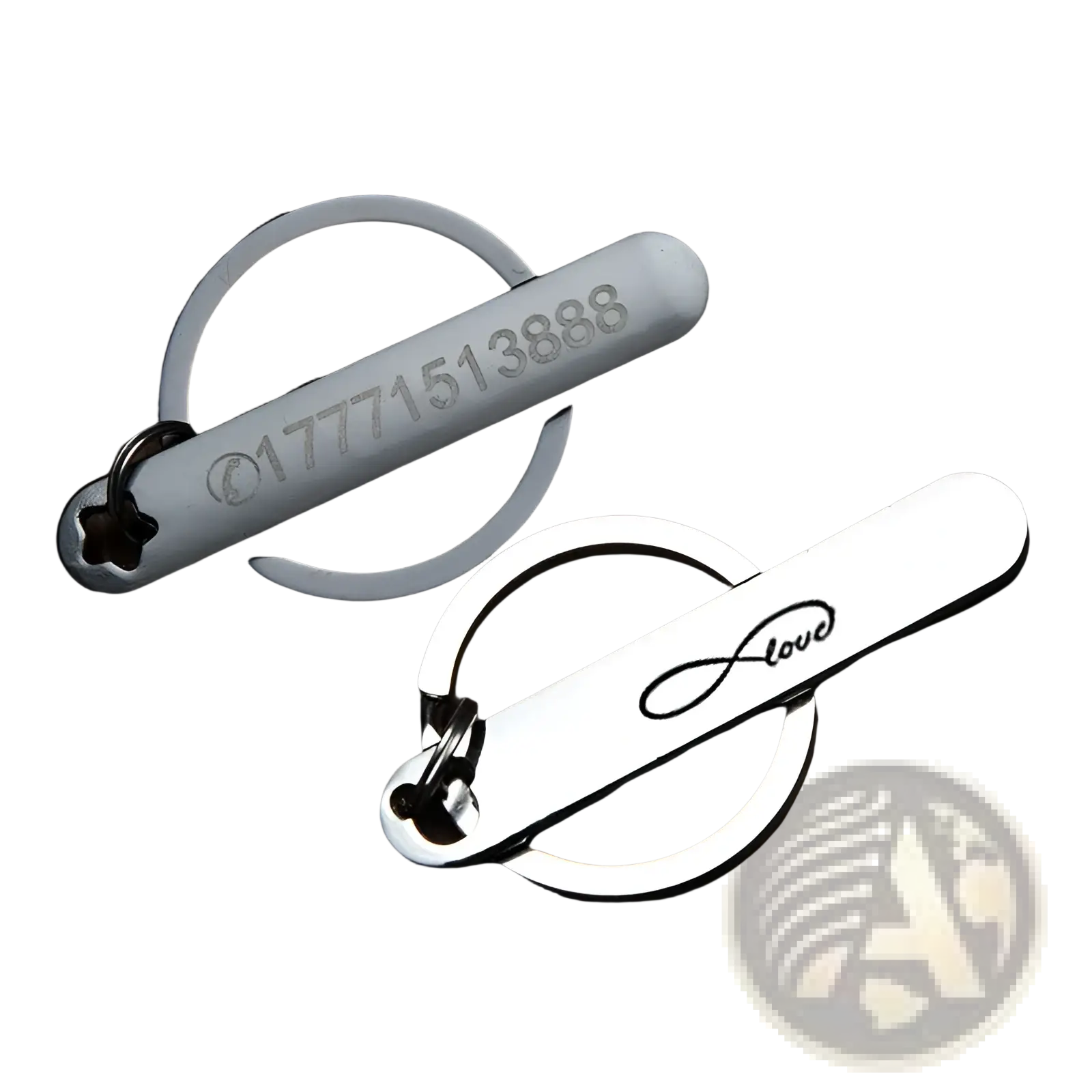 Two sleek silver metal custom phone number keychains with laser engraved phone number and infinity love design