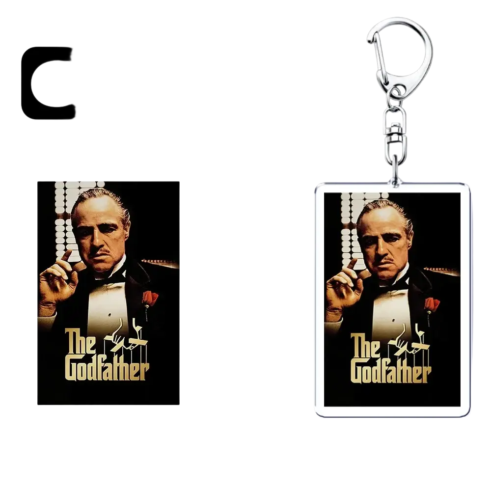 Clear rectangular acrylic keychain with don vito corleone image gold lettering on black background custom photo keyring