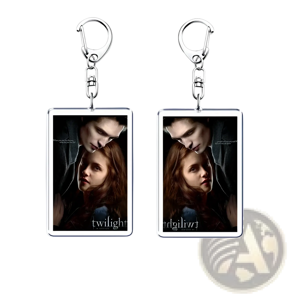 Rectangular clear acrylic keychain with printed image of Edward and Bella from Twilight and Twilight text at bottom