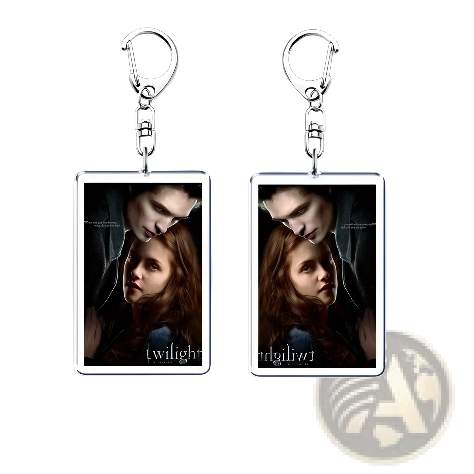Rectangular clear acrylic keychain with printed image of Edward and Bella from Twilight and Twilight text at bottom