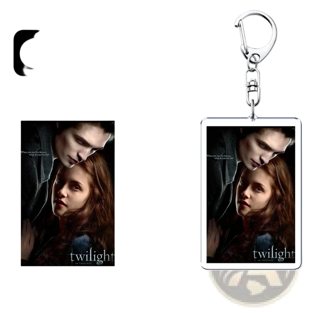 Custom rectangular acrylic keychain with a printed image of Edward and Bella from Twilight personalized keyring