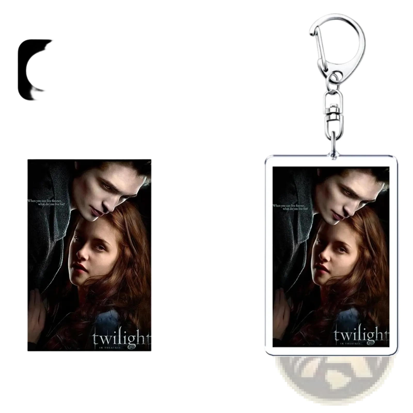 Custom rectangular acrylic keychain with a printed image of Edward and Bella from Twilight personalized keyring