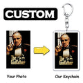 Clear rectangular acrylic keychain with don vito corleone image gold lettering on black background custom photo keyring