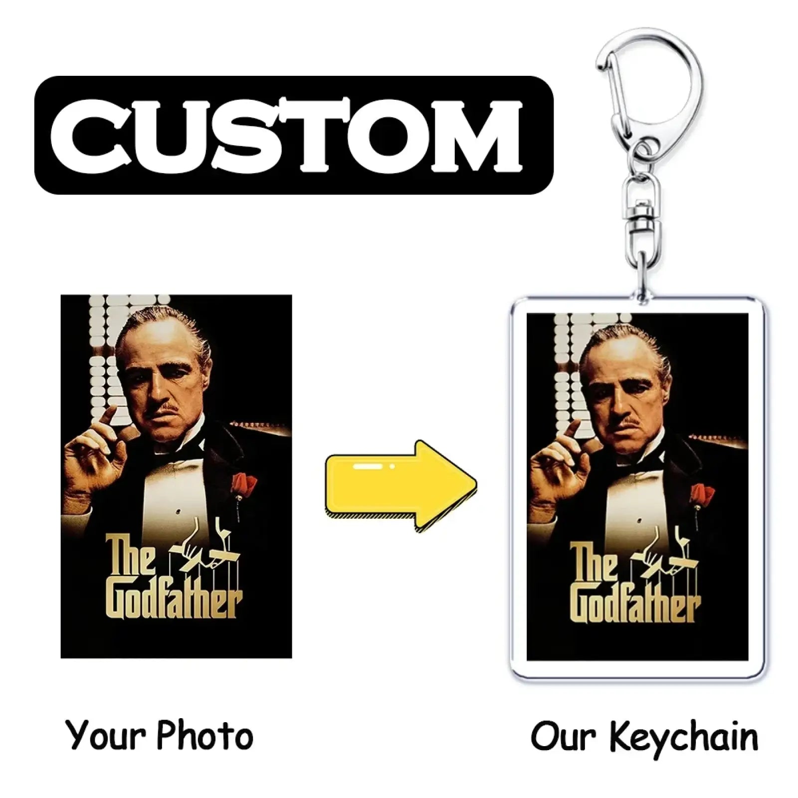 Clear rectangular acrylic keychain with don vito corleone image gold lettering on black background custom photo keyring