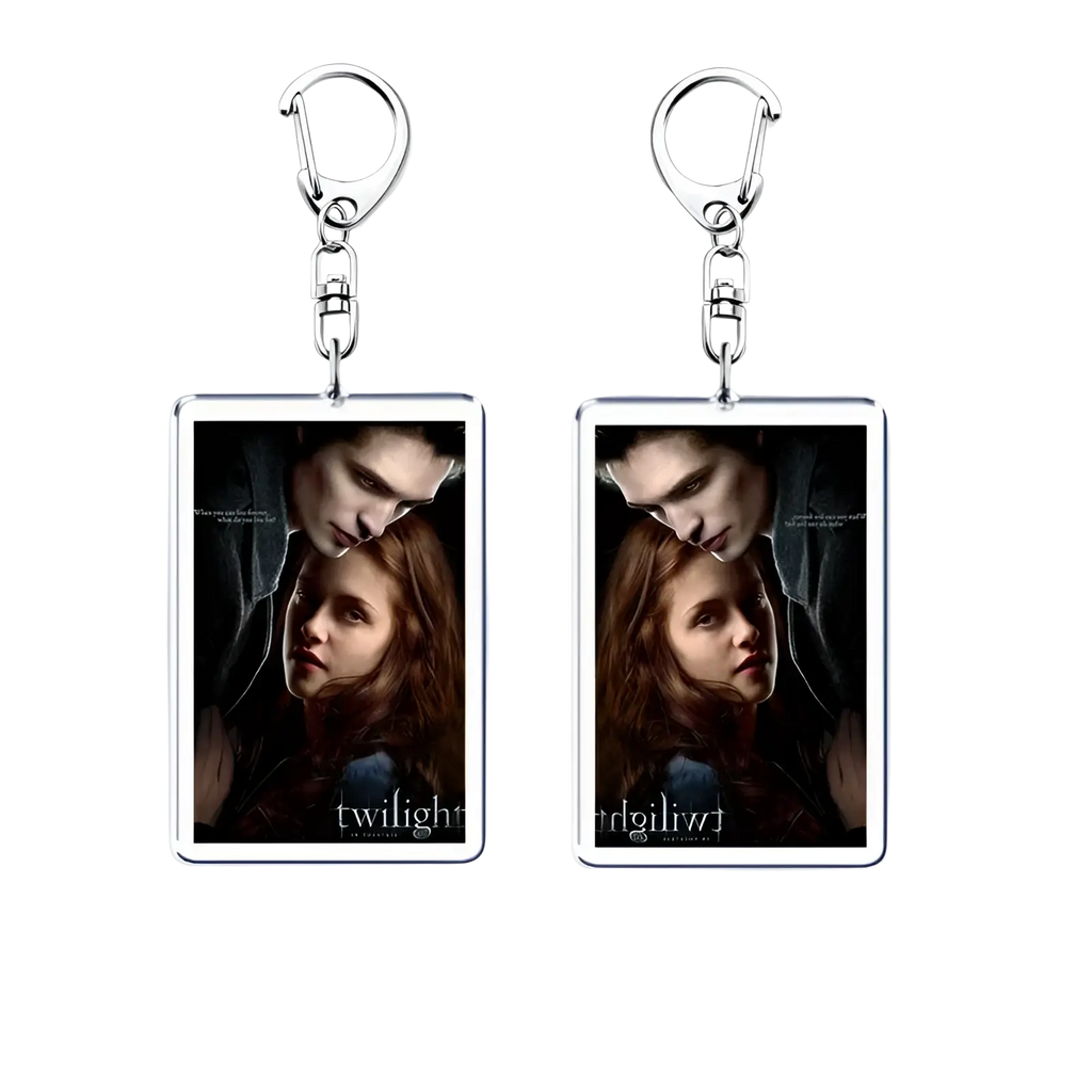 Rectangular clear acrylic keychain with printed image of Edward and Bella from Twilight and Twilight text at bottom