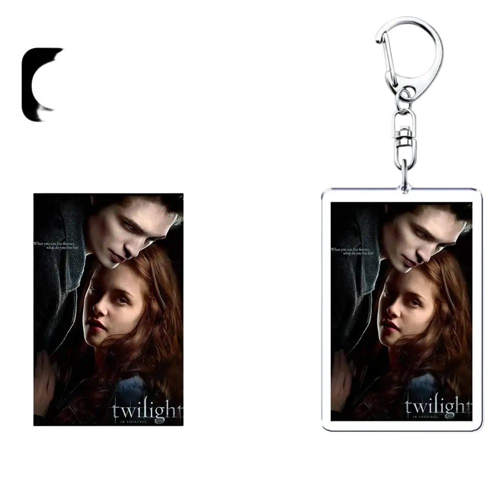 Custom rectangular acrylic keychain with a printed image of Edward and Bella from Twilight personalized keyring