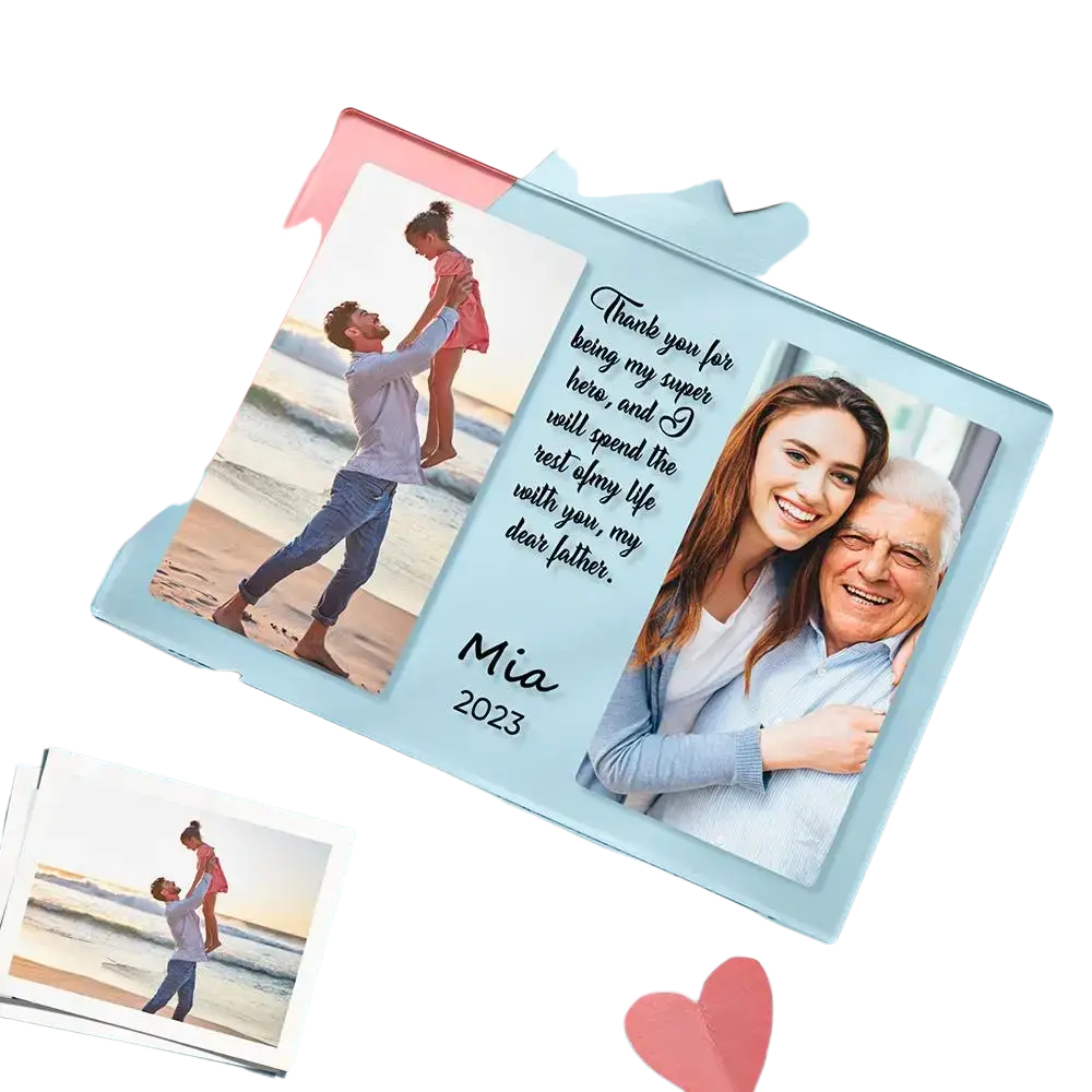 Clear acrylic photo frame with two personalized photos and engraved thank you message for a father family gift