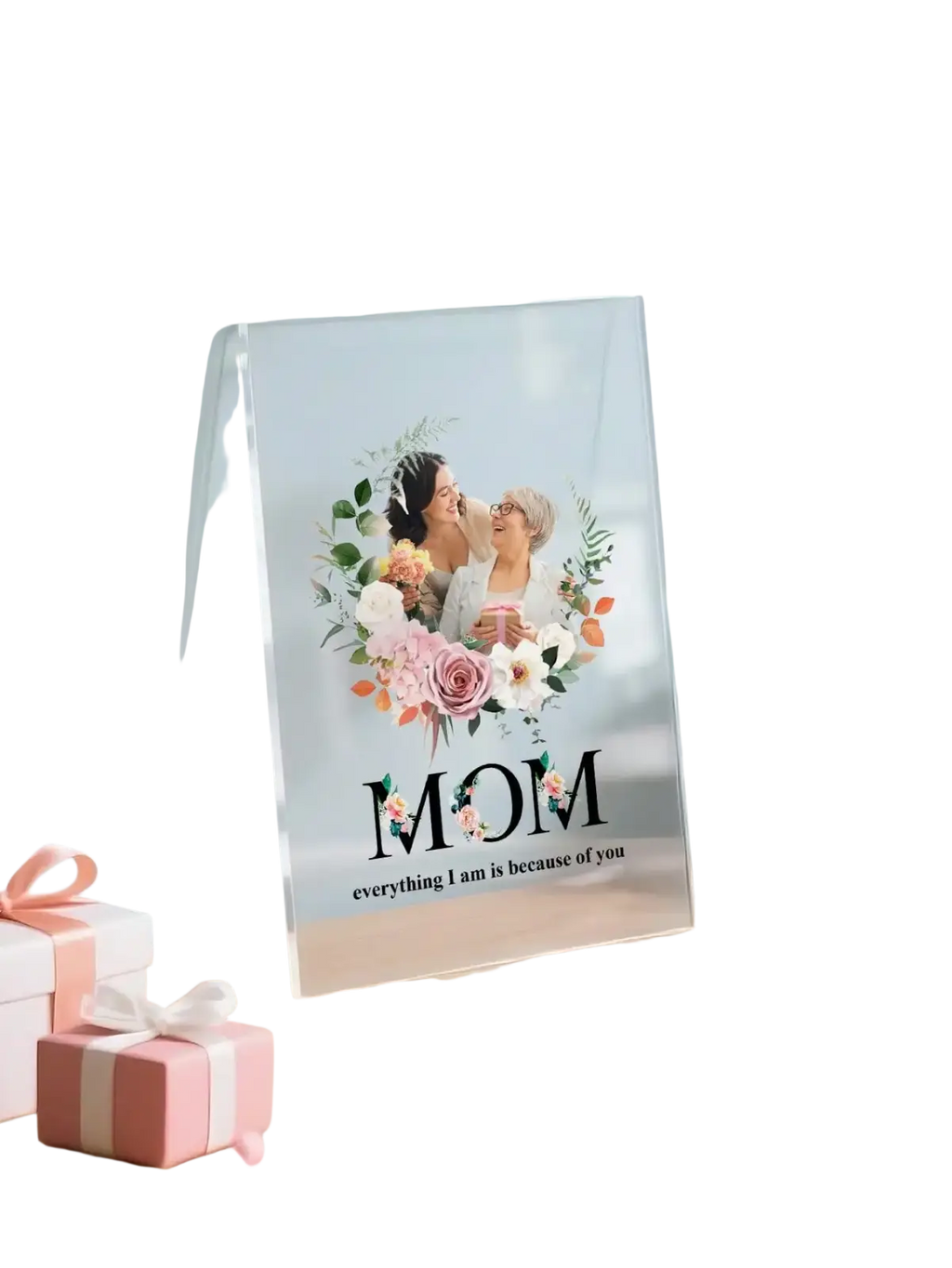 Clear acrylic photo plaque with floral wreath design featuring two women and mom text personalized family gift