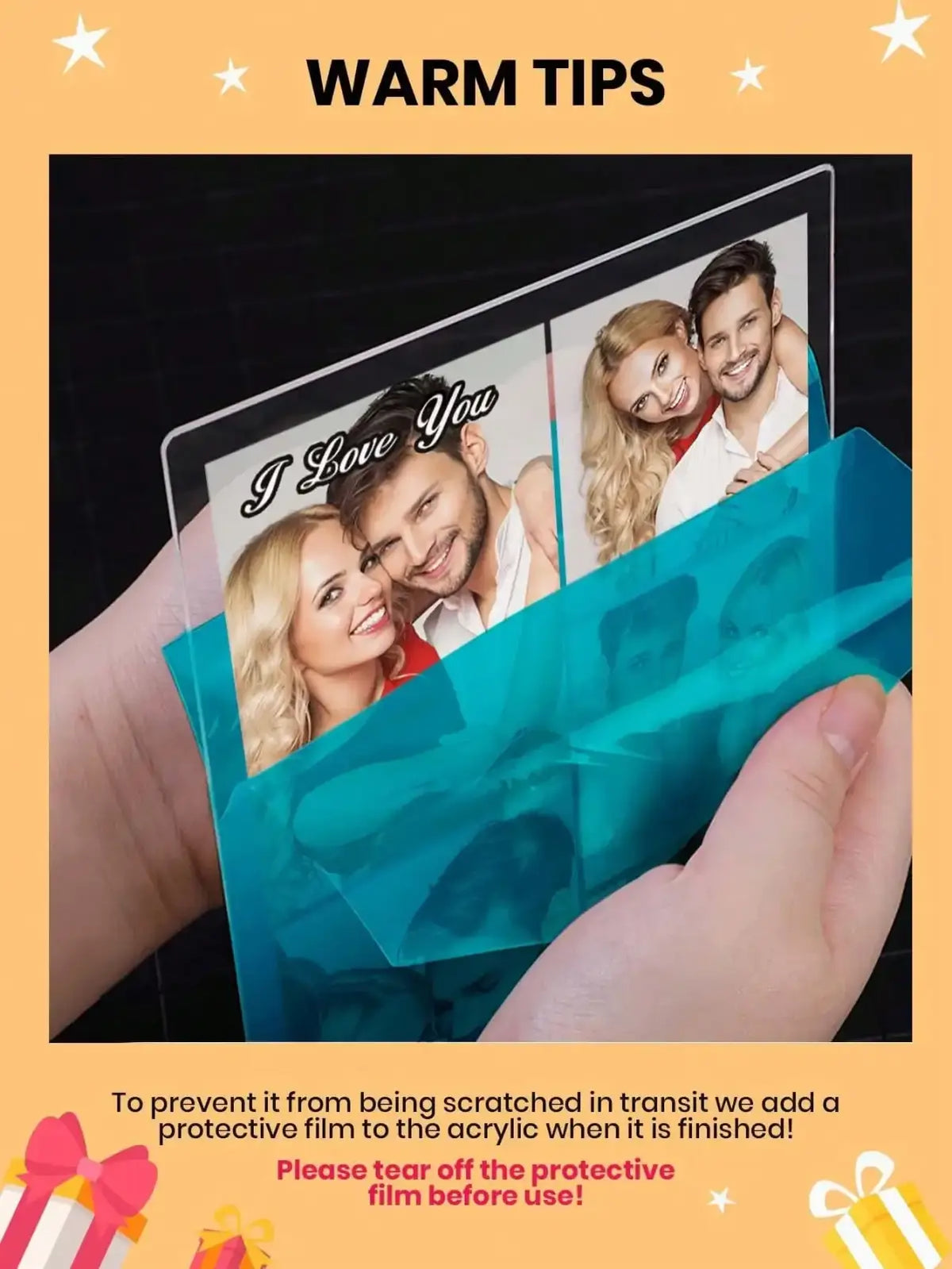 Custom photo acrylic plaque featuring clear glossy acrylic with two smiling couples and elegant i love you text