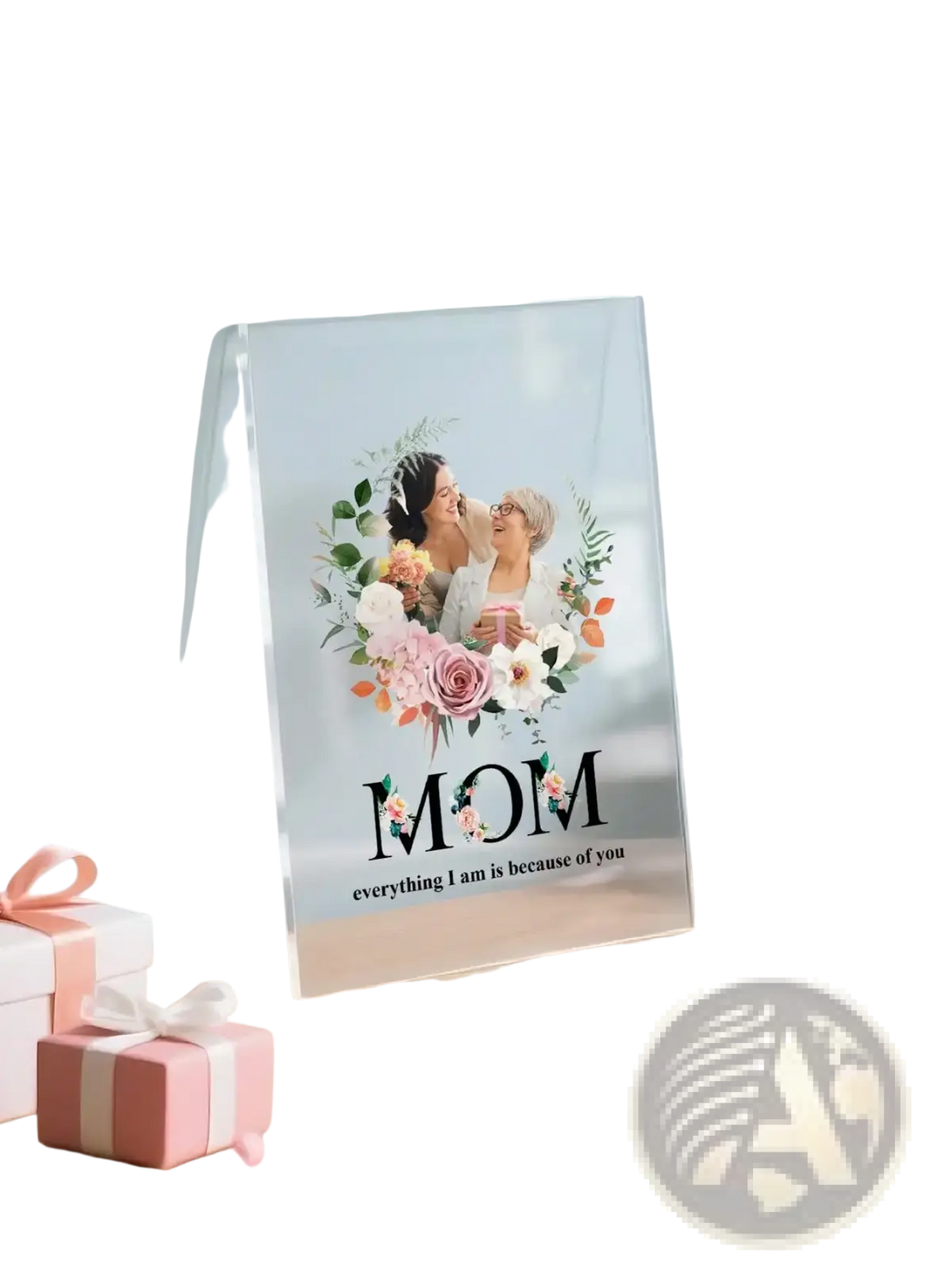 Clear acrylic photo plaque with floral wreath design featuring two women and mom text personalized family gift