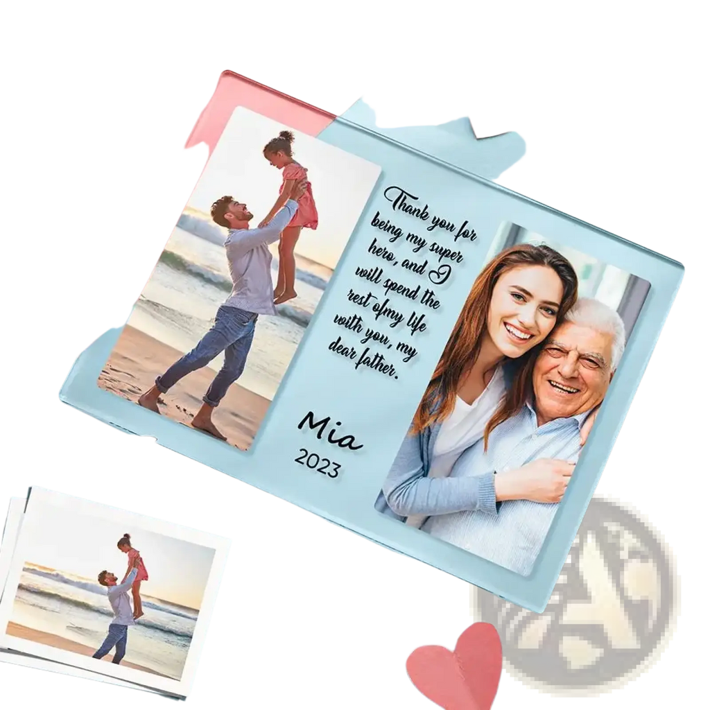 Clear acrylic photo frame with two personalized photos and engraved thank you message for a father family gift
