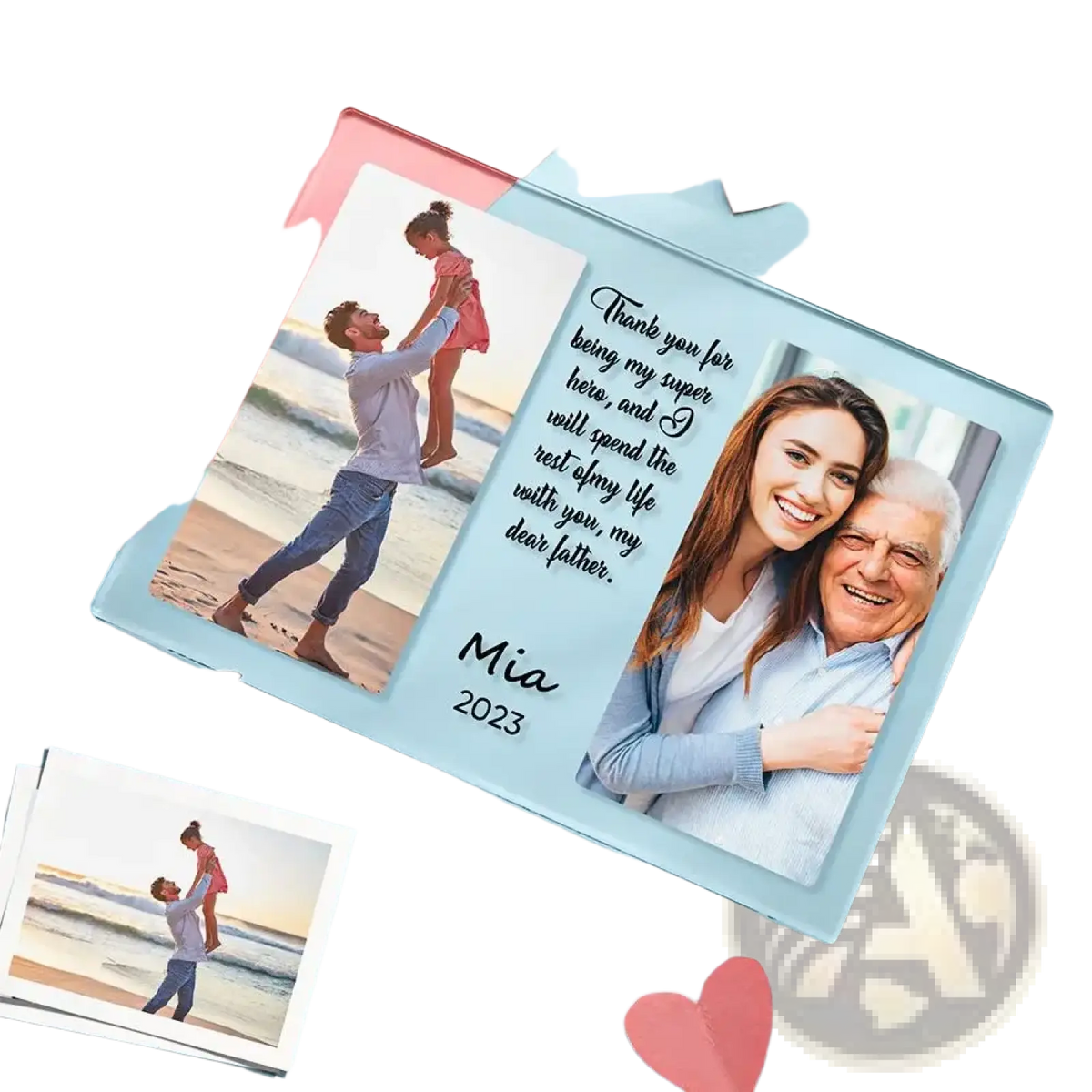 Clear acrylic photo frame with two personalized photos and engraved thank you message for a father family gift