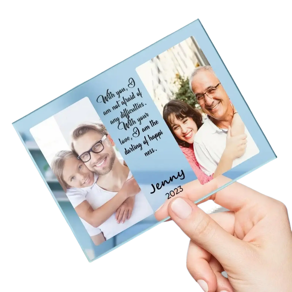 Custom photo acrylic plaque in clear glass with three personal photos and a custom engraved family message
